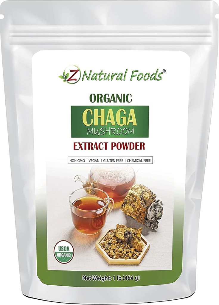 Z Natural Foods Organic Chaga Extract de praf de ciuperci, concentrat extract de ciuperci Premium pentru susținerea sănătății imune, Energizeaza-ti dimineata prin adăugarea la cafea și ceai, 1 lb