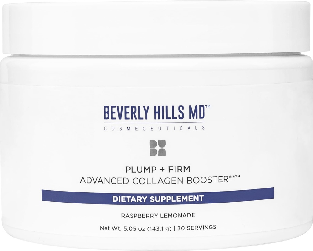 Beverly Hills MD Plump + Firm Advanced Colagen Booster pentru imbatranirea pielii - Nutrient pulbere de bautura Mix Formula pentru Plumper, Firmer, Skin w/Collagen Peptides, Polifenoli, Ceramide (Raspberry Lemonade)
