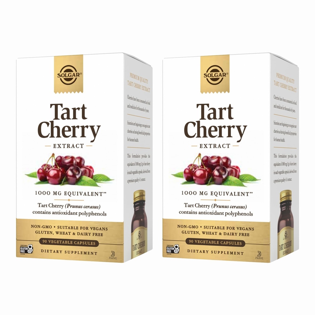 Solgar Tart Cherry 1000 mg, 90 Capsule vegetale (Pachetul de 2) - Antioxidant cu Querbetin, Acid clorogenic & Anthocianine Compounds - Non-GMO, Vegan, Gluten Free, Dairy Free - 180 Total Servings