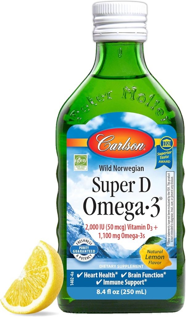 Carlson - Super D Omega-3, ulei de ficat de cod arctic, 2000 UI (50 mcg) Vitamina D3, 1100 mg Omega-3s, lichid de ulei de pește nordic, Lemon, 250 ml