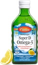 Carlson - Super D Omega-3, ulei de ficat de cod arctic, 2000 UI (50 mcg) Vitamina D3, 1100 mg Omega-3s, lichid de ulei de pește nordic, Lemon, 250 ml
