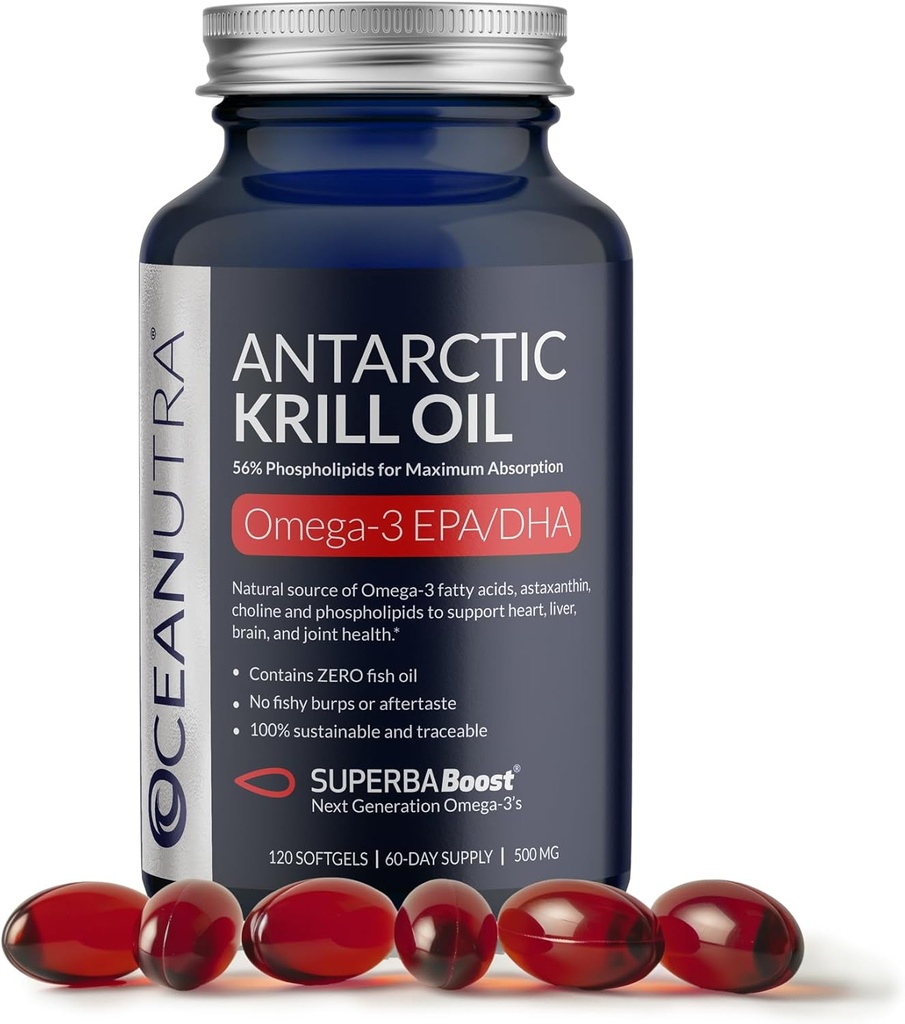 Wild Caught Antarctic Krill Oil 500mg Softgels, SuperbaBoost Omega 3 Supliment, EPA & DHA, Astaxanthin, Choline, 56% Fosfolipide, durabil, fără ulei de pește, aromă de vanilie (60-zi de aprovizionare)