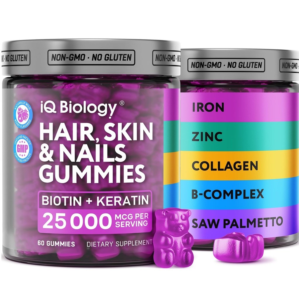 Gume Biotin pentru par, piele si unghii - Vitamine de crestere a parului pentru femei si barbati - pierderea parului Gummy Supliment cu Biotina Extra Putere (Vitamina B7), Colagen, Keratina & DHT Blocker, 60 Ursi masticabile