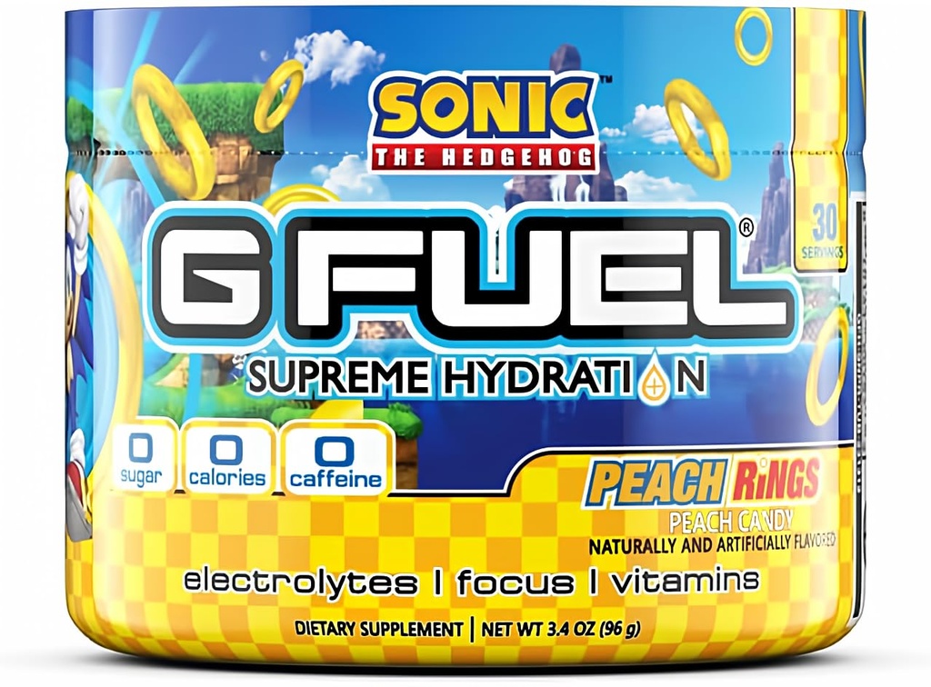 G Inele de piersici de combustibil Sonic Supreme Hidratare, Electrolit pulbere Mix pentru energie și focalizare, Zahăr și Cafeina Supliment gratuit cu vitamine esențiale și minerale, Inele de piersici aroma, 3.4 oz - 30 Serviri