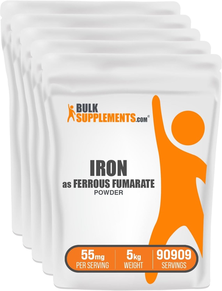 BulkSupplements.com Pulbere de fumarat feros - minerale esențiale, Supliment de fier pentru bărbați și femei - gluten gratuit, 55 mg pe servire, 1kg (2,2 lbs) (Pachet de 5)