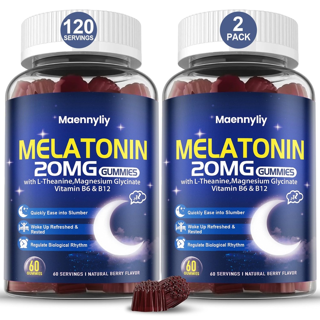 Maennyliy Melatonina 20mg Gume pentru adulți - Melatonina fără zahăr Gummies Extra Putere cu L-Theanină, Magneziu, Ashwagandha, Turmeric, D3 & Zinc - Non-Habit Forming