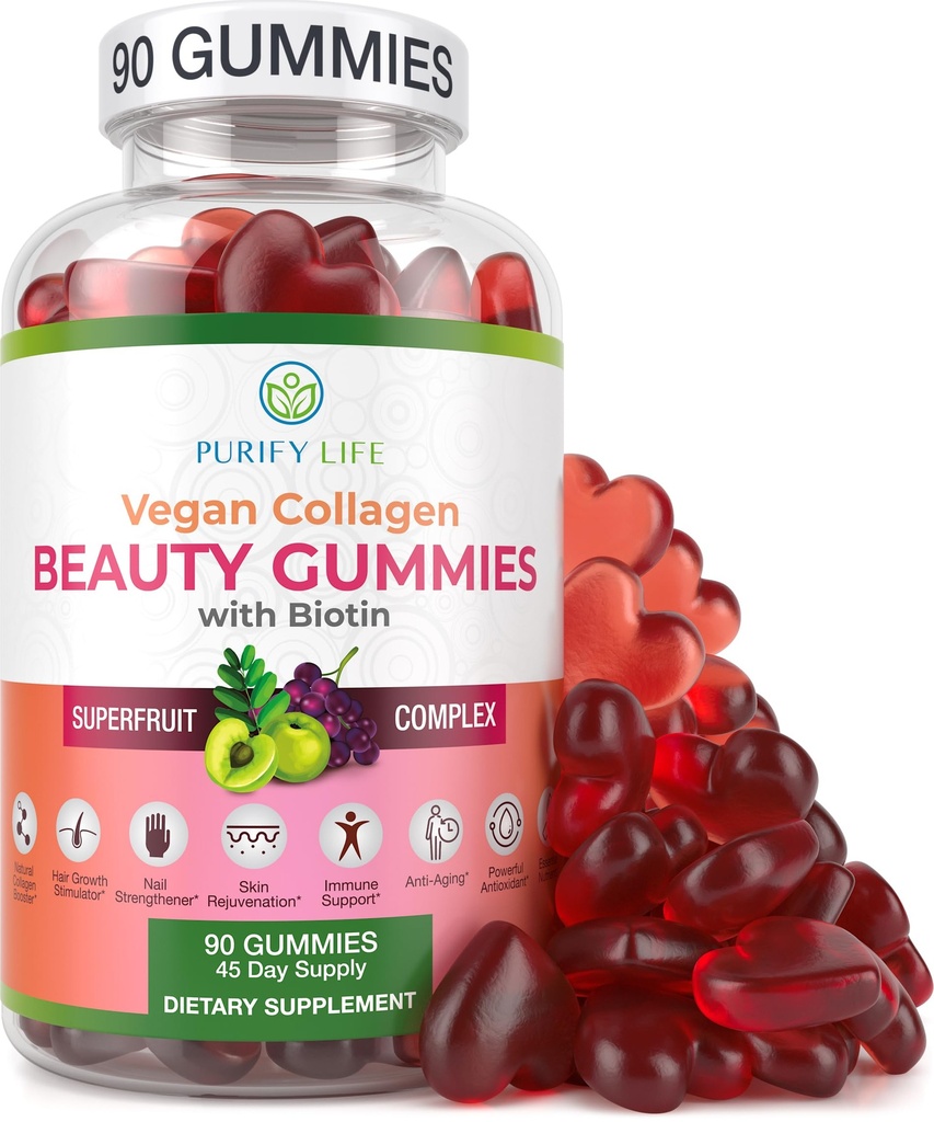 Purificați Life Vegan Colagen Gumries cu vitamine de biotin pentru piele de păr și unghii Sănătate, (90 Chews) Colagen Support Superfruit Complex cu Resveratrol, Vitamina A, E, C - Replace capsule, pastile