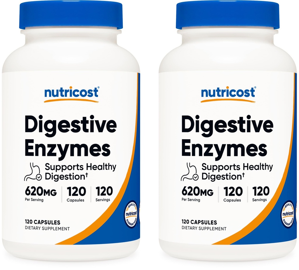 Nutricost Digestive Enzime 620 mg, 120 Veggie Capsule (2 flacoane) - Complet Digestive Enzyme Supliment