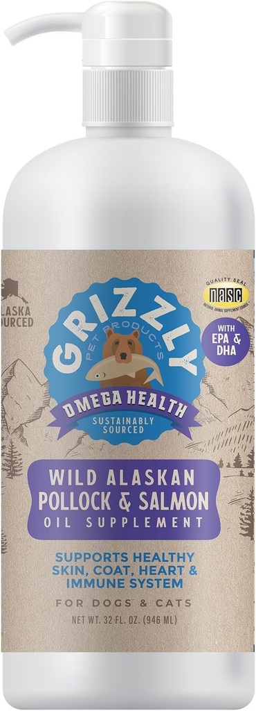 Grizzly Pet Produse Omega Sănătate Lichid Omega-3 Supliment pentru câini și pisici, 32 Ounce Sticla