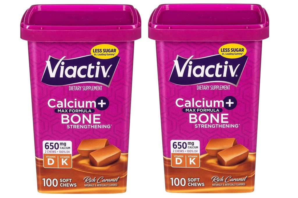 Activ Max Formula Calciu +Vitamina D3 Supliment pentru sanatatea osoasa, bogat Caramel, 100 Soft Chews - 2 Pack