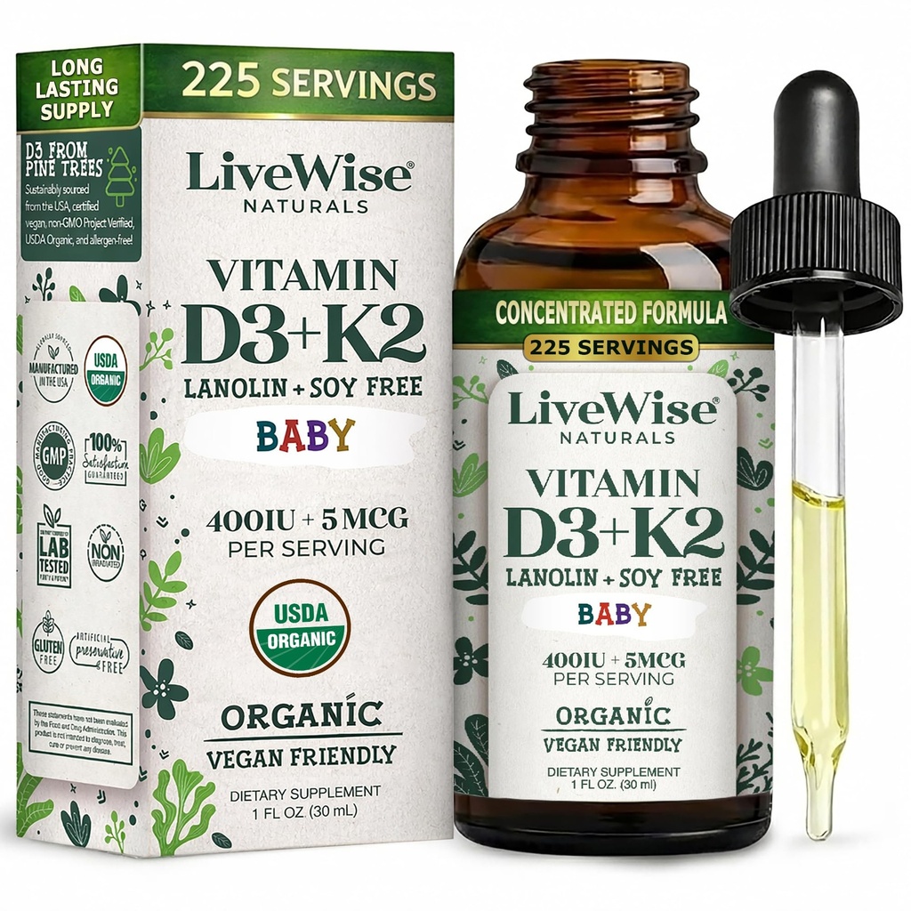 LiveWise Naturals Vitamina Bebelusului D3-K2 Supliment lichid, picaturi de vitamine pentru sugari si copii mici, pentru crestere sanatoasa, dezvoltare si wellness zilnic, usor de utilizat picurator in sticla de sticla, 1 Fl Oz