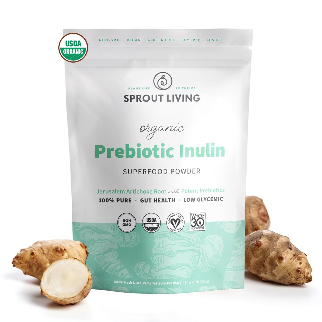 Inulină organică cu praf prebiotic FOS, fibre solubile pentru sleaky Gut, Bloating, Digestion, Feed Friendly Bacteria (Probiotice), 1 Scoop Daily, 1 lb (90 Servings)