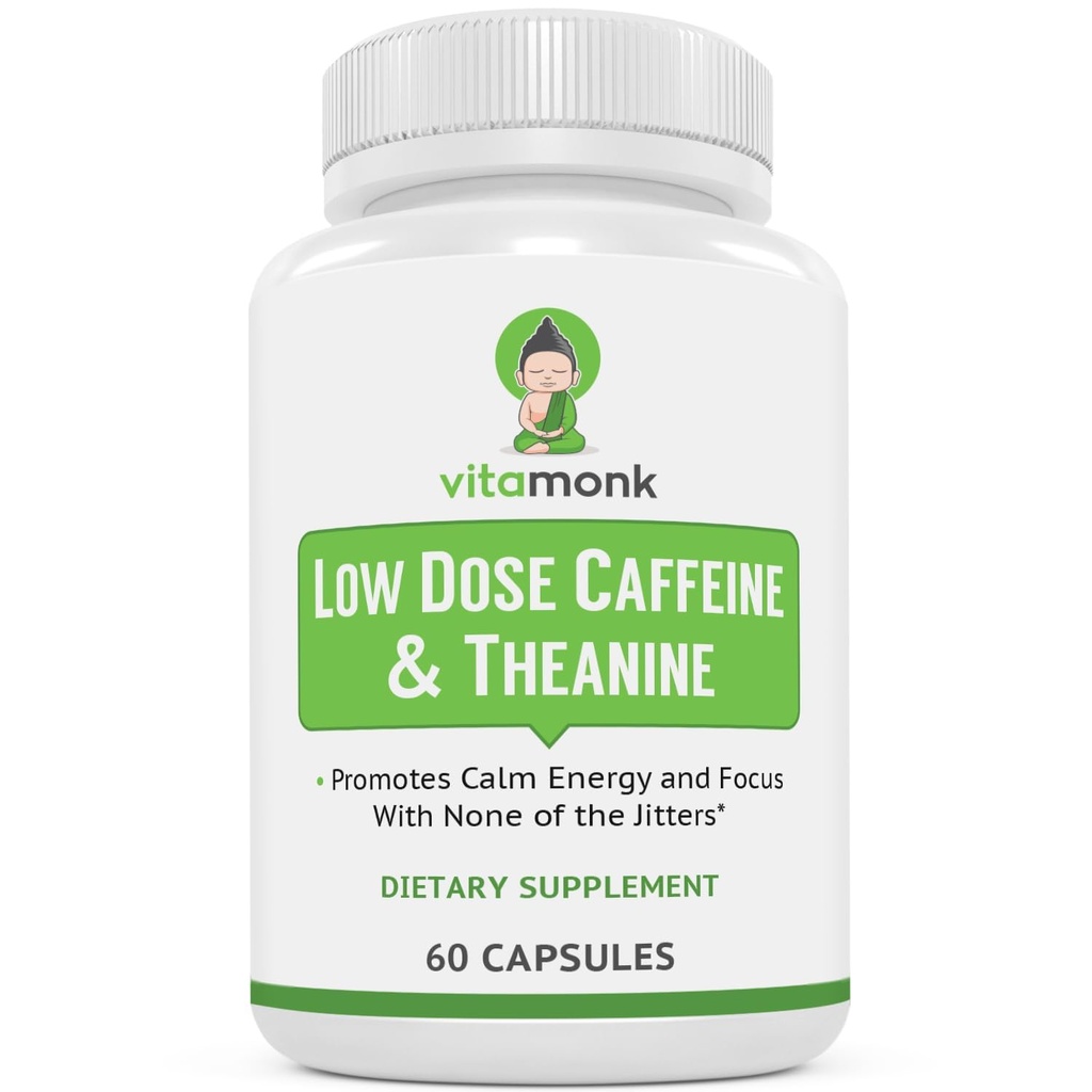 VitaMonk cafeina cu doze mici și Theanine - Nu Jitters, Nu Crash- Microdose de Caffeine L Theanine pastile cu Caffeine Theanine și Theobromine - 25mg de cofeină, pastile de cofeină L Theanine - 60 de capace
