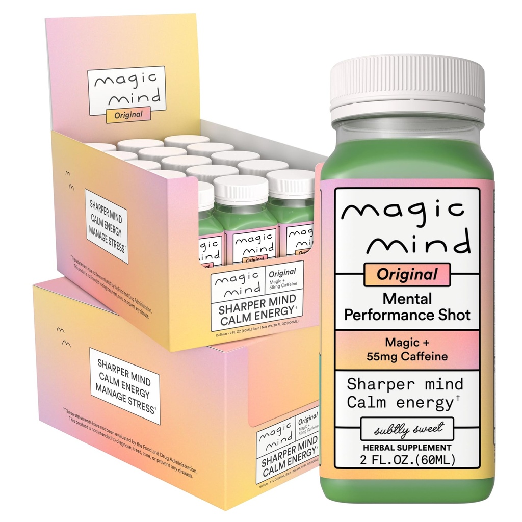 Magic Mind Focus Energetic Drink Shots - No Jitters, Stres Relieving, Ashwagandha, Functional Futures, Matcha Green Tea, Vitamina B12, Vitamina C - 2 FL Oz (30 Pack)