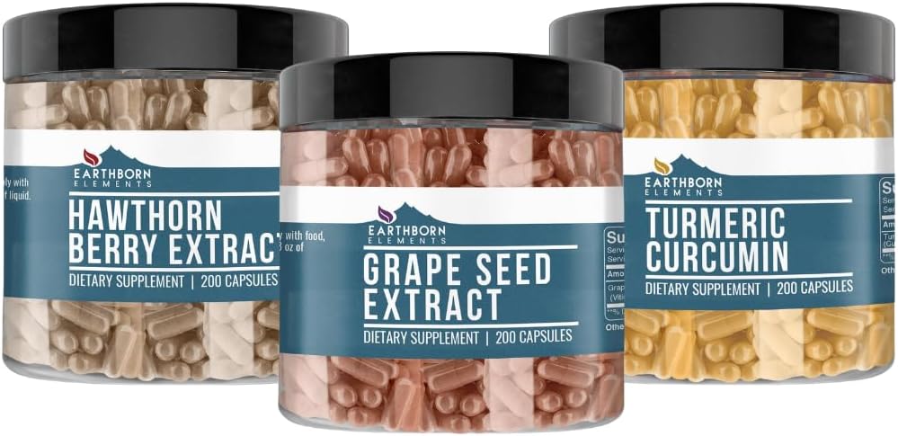 Elemente născute pământean Seminte de struguri, Hawthorn Berry, capsule de Curcumin & Turmeric (200 capsule fiecare), Pure & nediluat, fără aditivi