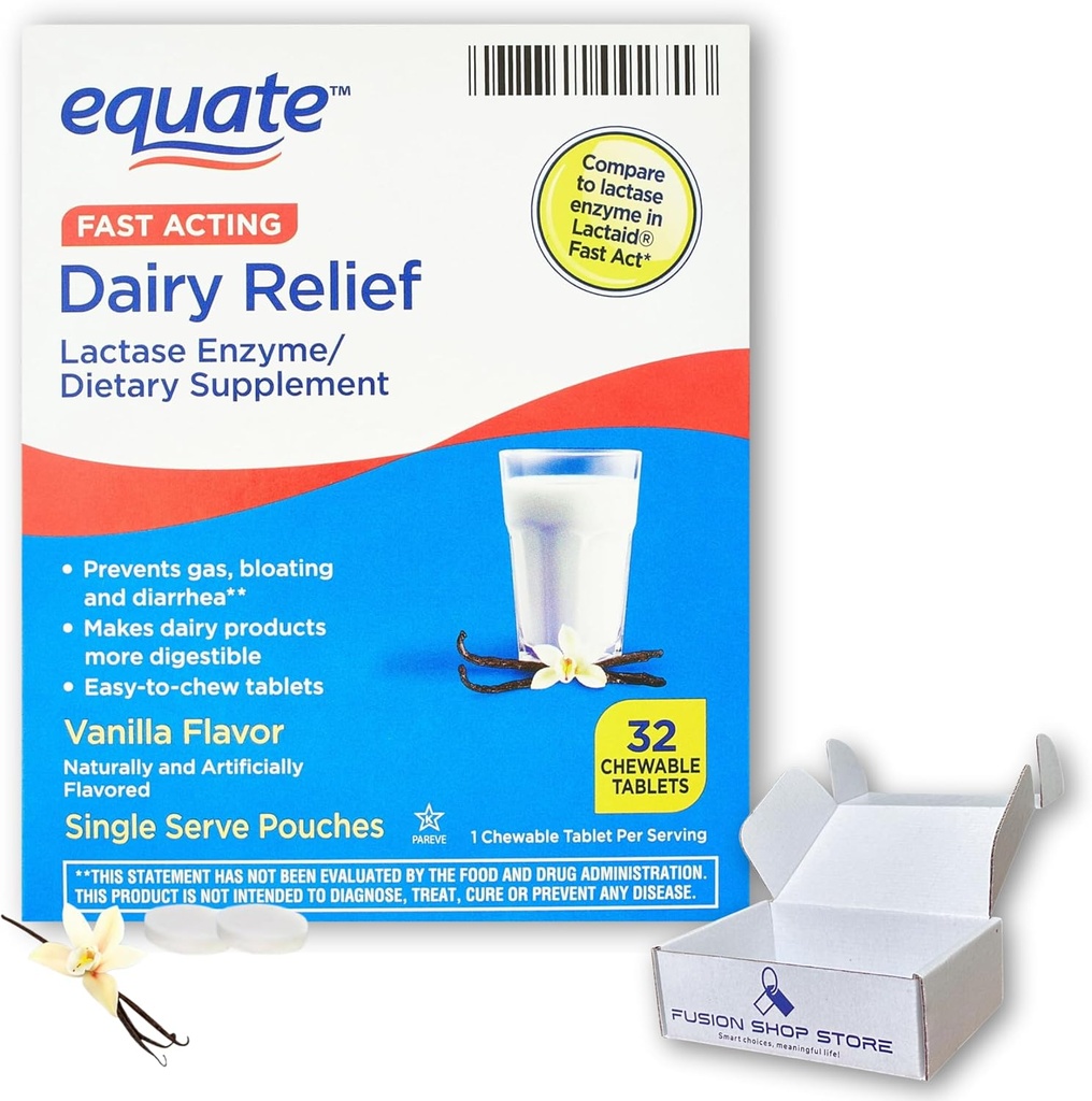Pastile de lactate pentru intoleranta la lactoza - Equate rapid de relief acting Aroma de vanilie, 32 comprimate masticabile, Lactaid Chewables, Lactase Enzyme (Pachet de 1), Boxed by Fusion Shop