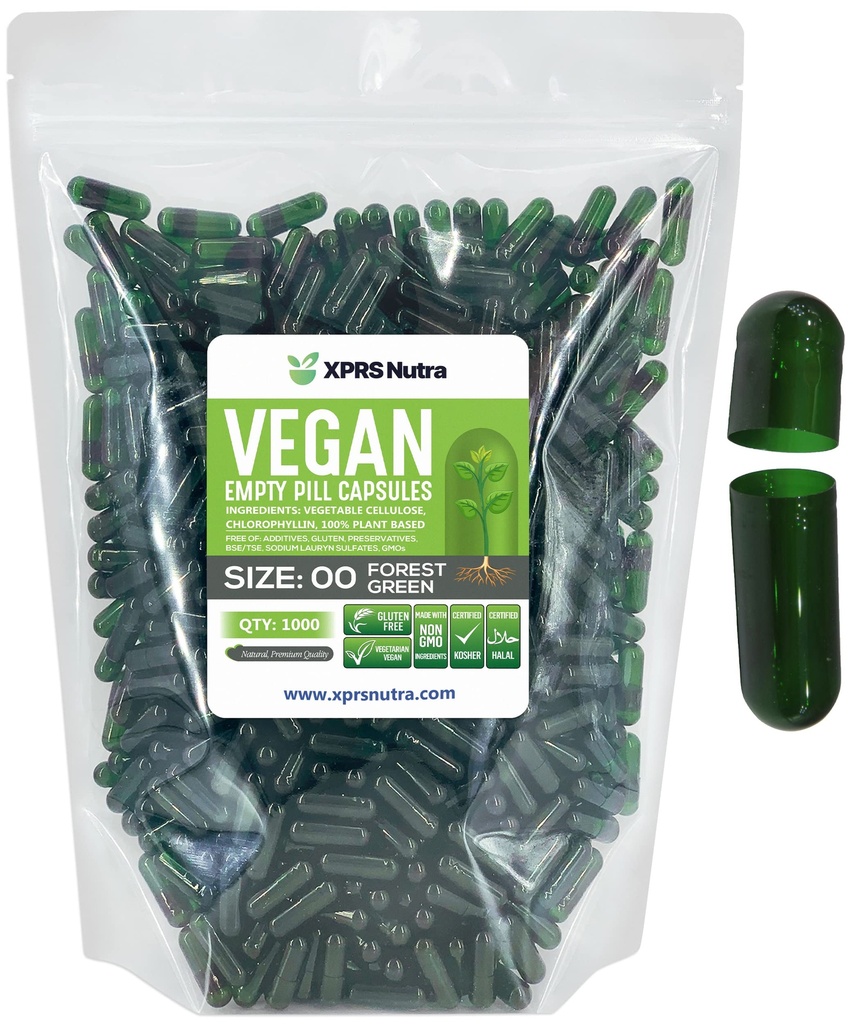 XPRS Nutra Dimensiune 00 Capsule goale - 1000 Capsule Vegane goale conte - Pastile goale vegetariane - Capsule vegetale DIY Umplere- Veggie Capse pastile (Pădurea Verde)