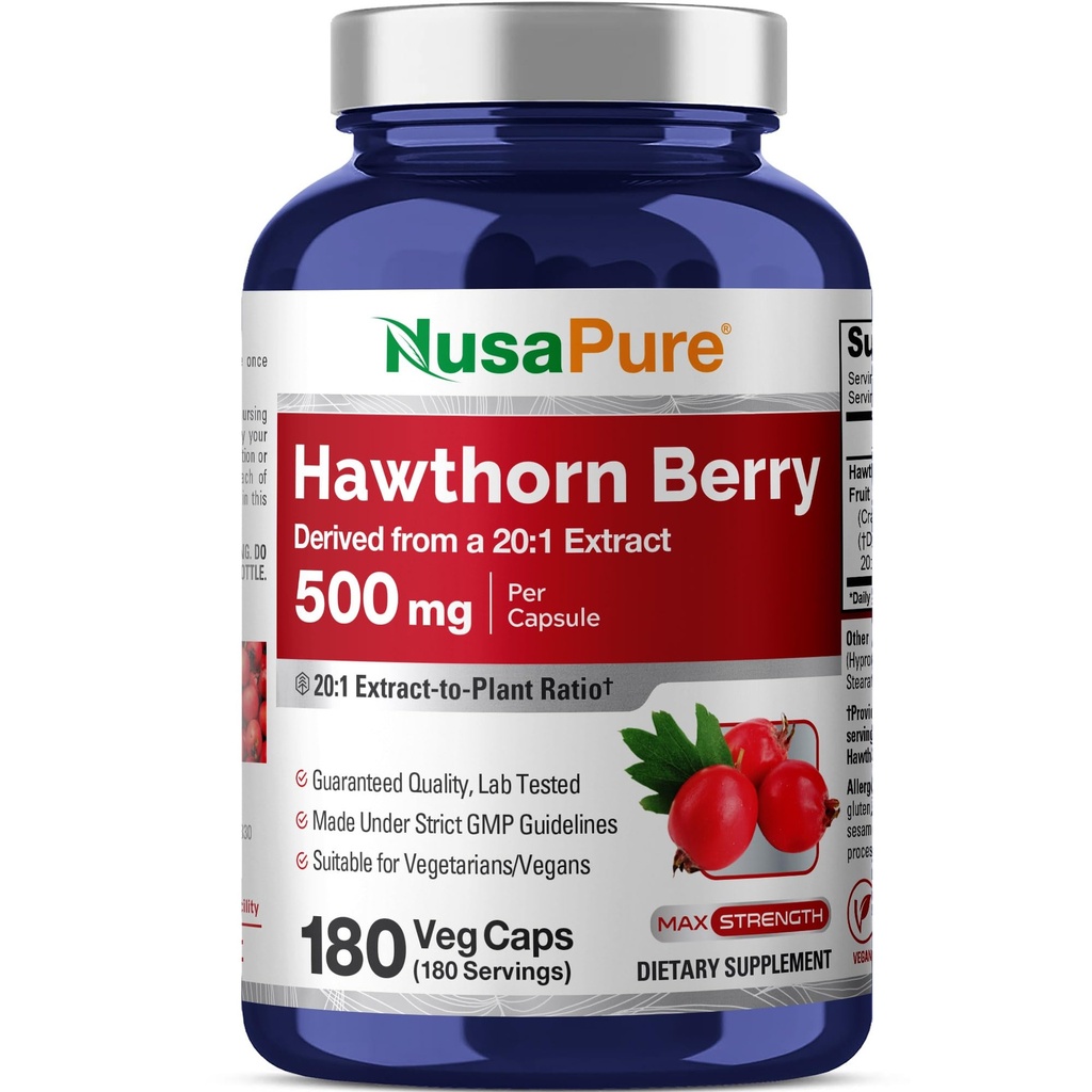 NusaPure Hawthorn Berry 20:1 Extract, 500 mg echivalent cu 10.000 mg 180 Veg Caps, potrivit pentru vegetarieni, Vegan, Non-GMO Supliment alimentar