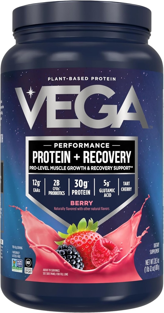 Vega Sport Vegan Protein Powder + Recovery - 30g Plant Based Protein per Serving, Berry, 19 Servings, 5g BCAAs, Probiotics, NSF Certified, For Shakes & Smoothies, 1.8lbs (Packaging May Vary)