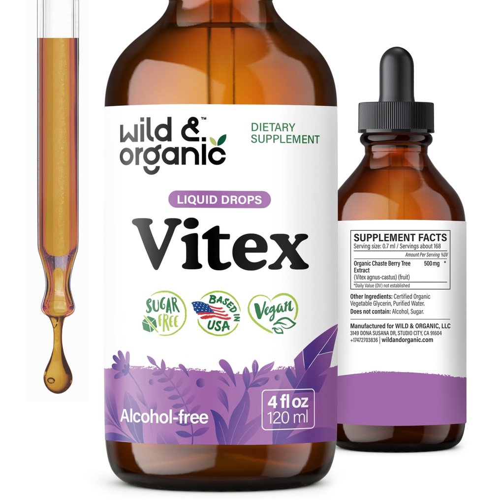 Wild & Organic Vitex Tinctură - Vitex Chasteberry Supliment pentru femei - lichid Chaste Tree Berry extract pentru buna dispozitie - Vegan, zahăr și alcool-Free Herb picături - 4 fl oz