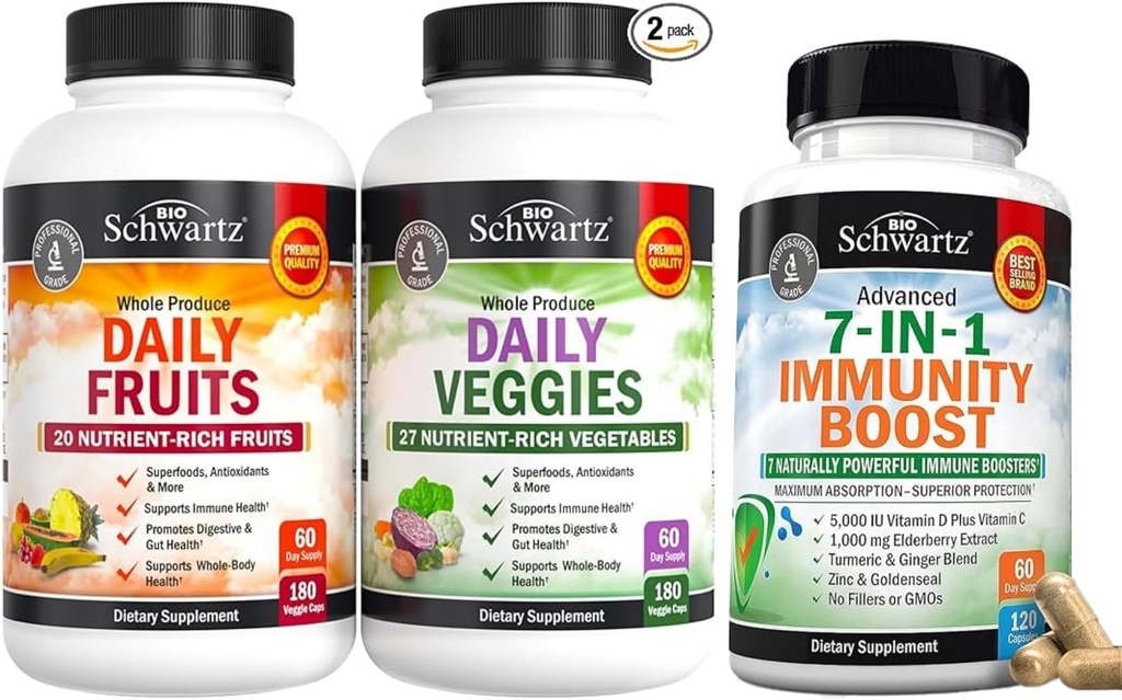 BioSchwartz Daily Fruits and Veggies Supplement for Women and Men (2 Month Supply) Plus 7 in 1 Immune Supplement with Antioxidanti (2 Month Support)