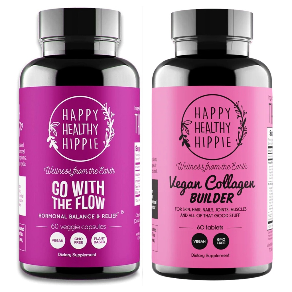 Happy sănătos Hippie Vegan Colagen Constructor w/Hyaluronic Acid & Du-te cu fluxul de hormon echilibru pentru femei