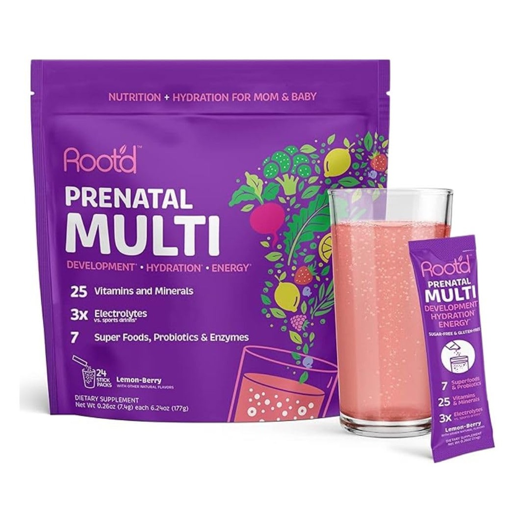 Root'd Praf de multivitamine prenatale cu 3X Electroliti - 25 Vitamine si Minerale, Folate, Fier, Vitamina D3, 7 Superalimente si Probiotice, Vitamine fara zahar si Hidratare 