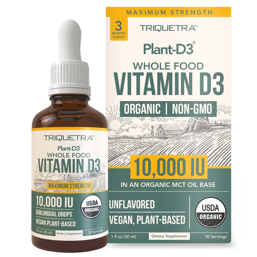 Vitamina organică D3 10000 UI - Plant D3, Vegan, Max Putere lichid D3 picături sublinguale - 200% Absorbție mai mare, 100% Colecalciferol pe bază de plante formă & Vegan D3, dozare reglabilă (30 Servings)