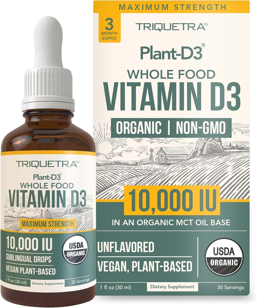 Vitamina organică D3 10000 UI - Plant D3, Vegan, Max Putere lichid D3 picături sublinguale - 200% Absorbție mai mare, 100% Colecalciferol pe bază de plante formă & Vegan D3, dozare reglabilă (30 Servings)