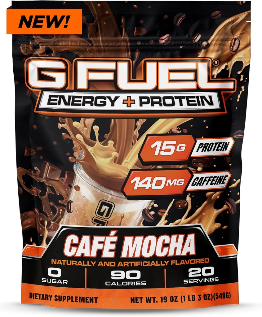 G Proteină combustibil + Energetic Drink Powder, Pre Workout Cafeină Mix pentru Gaming, Zahăr Free Focus Amino, Vitamină + Antioxidanți, 19 oz (Cafe Mocha, 20 Serviri)
