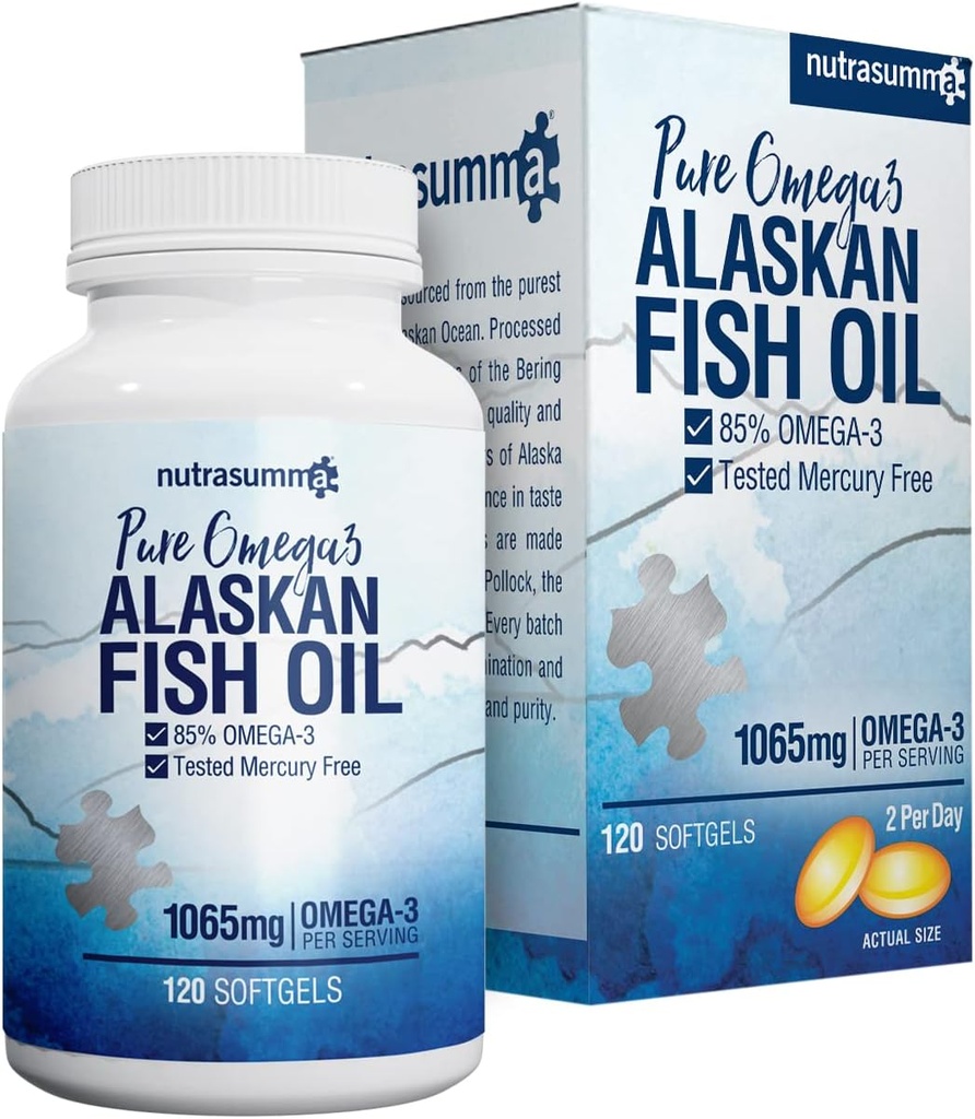 Nutrasumma High Purified Omega 3 Suplimentul Wild Alaska ulei de pește Burpless & No Fishy Gust, 650mg EPA &270mg DHA de 1250mg ulei de pește softgels, Gluten gratuit, inima, Brain & Imunity Support, 60 Servings