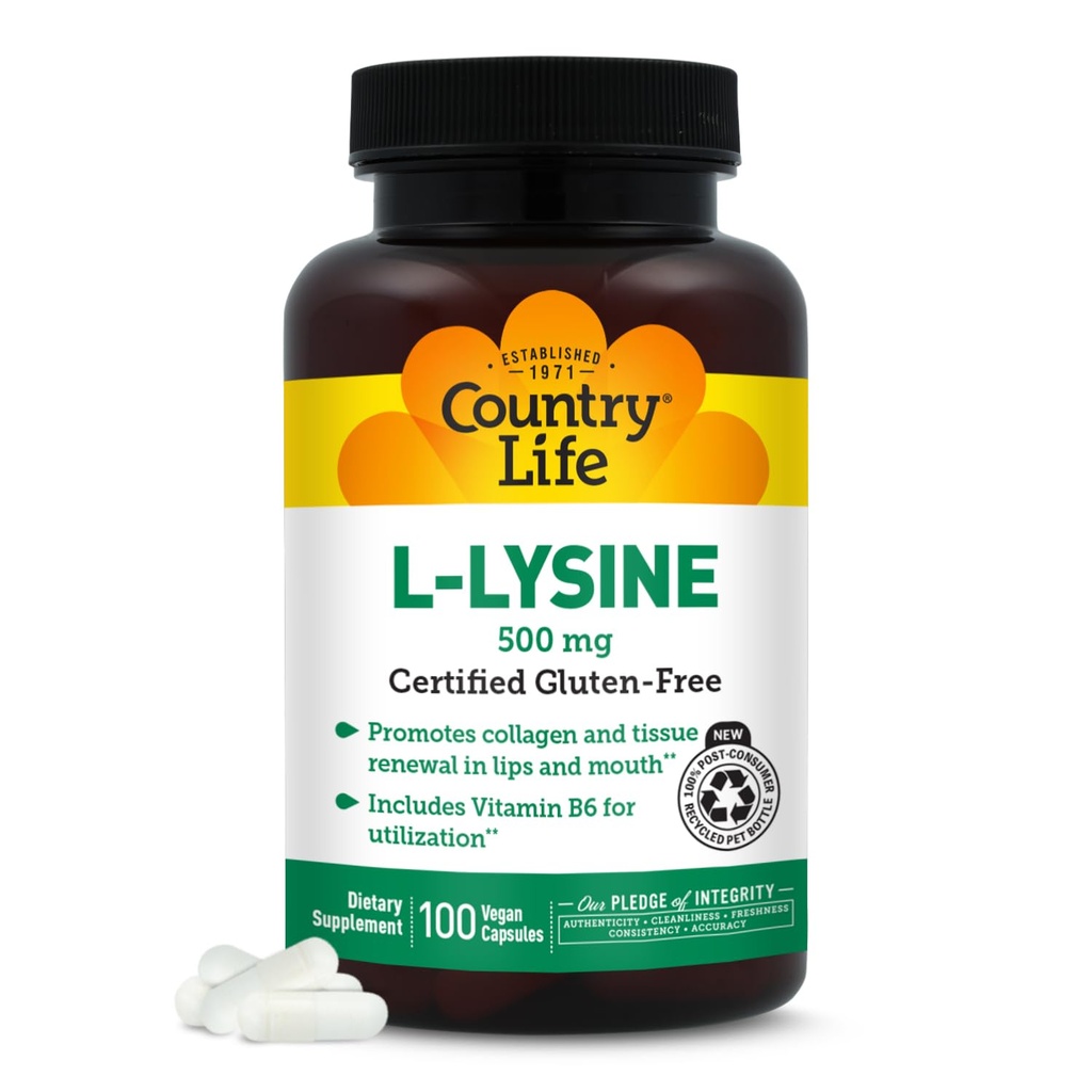 Country Life L-Lysine 500mg cu B-6, Sustine sanatatea imuna, Promoveaza reinnoirea colagenilor in buze si gura, 100 capsule Vegane, Certified Gluten Free, Certified Vegan