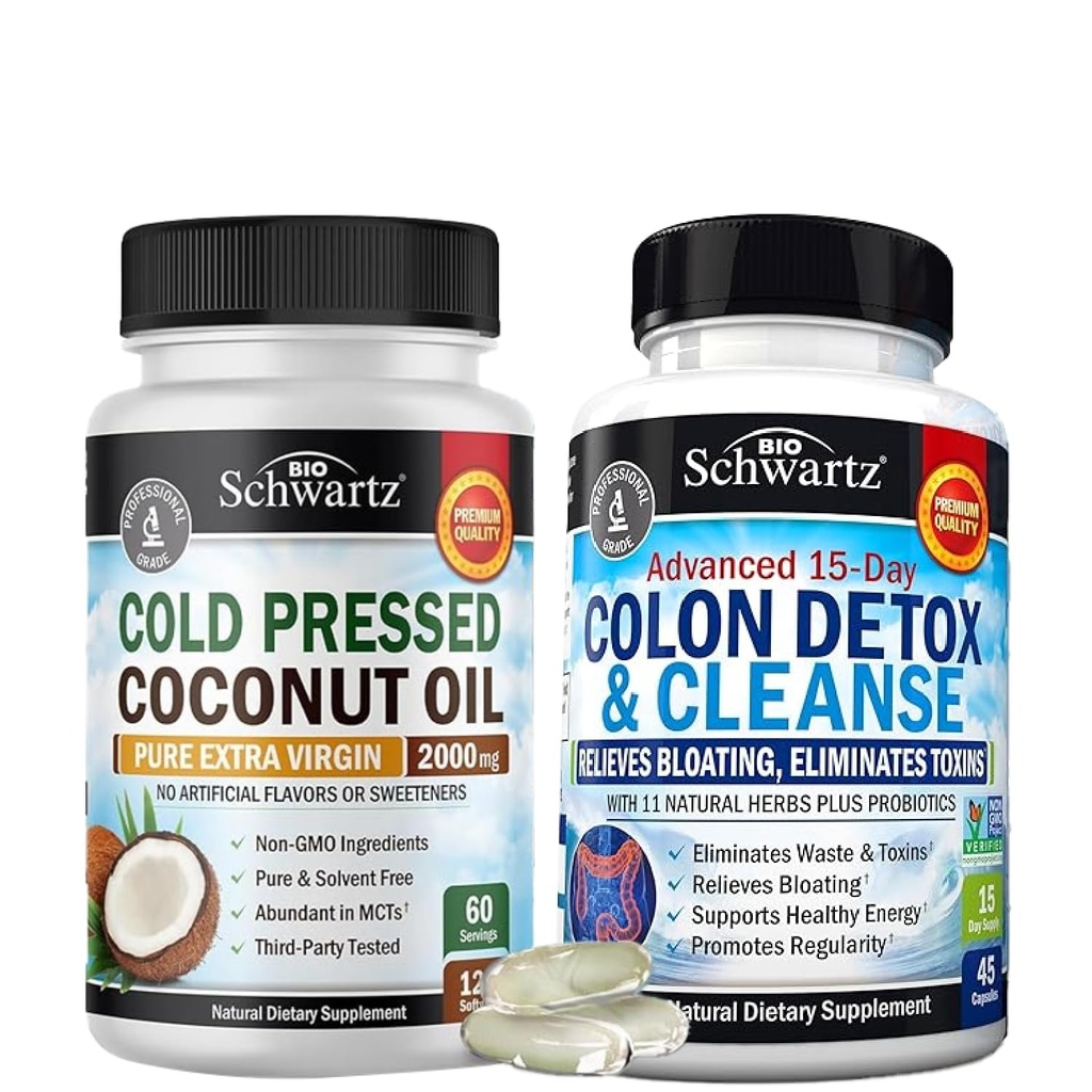 BioSchwartz 15 zile Curățare pentru Colon și Gut Health Plus capsule de ulei de cocos presate la rece MCT (2 lună de aprovizionare)
