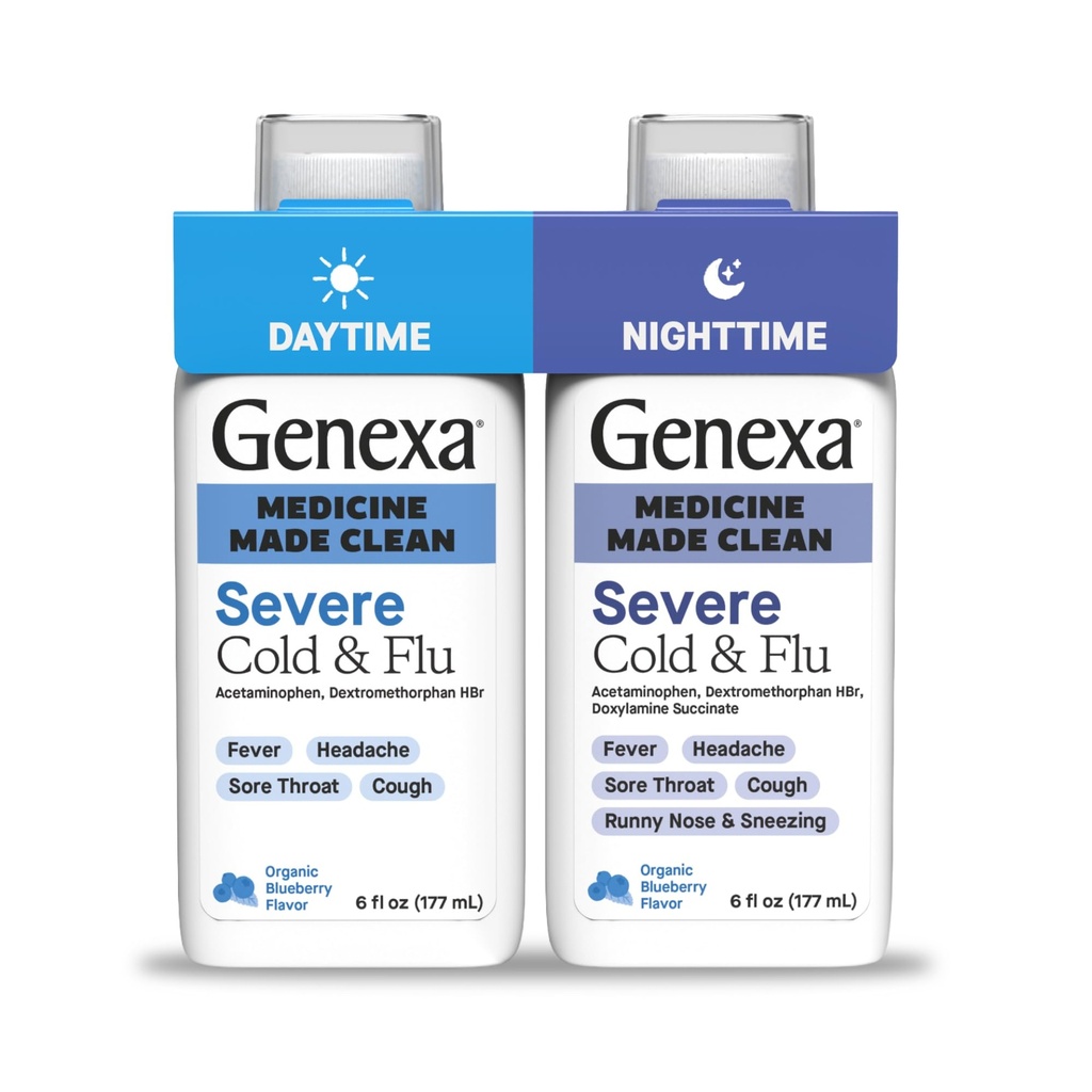 Genexa Clean Cold & Flu Daytime + Nighttime Relief sever, Die Free, 0% Aditivi artificiali, Acetaminophen Fever Reductor, Tuse Suppressant, Antihistamina, Aroma de afine organice, 12 fl oz (2 ambalaj)