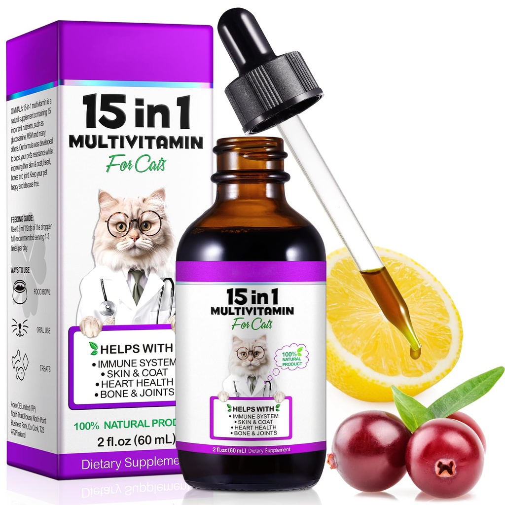 Cat Multivitamine,15 in 1 Cat Vitamine Picături lichide Suplimente pentru Heart Health, Oase, comun, Piele & Coat, Bladder, Suport sistem imunitar 60ml
