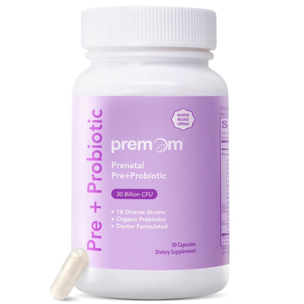 Premom Prenatale Pre & Probiotice pentru femei: 18 Diverse Prebiotice organice Tulpini - Suporturi Digestive, 30 Miliarde CFU, Gut & Imuna Sănătate pentru mama si copilul - capsule zilnice