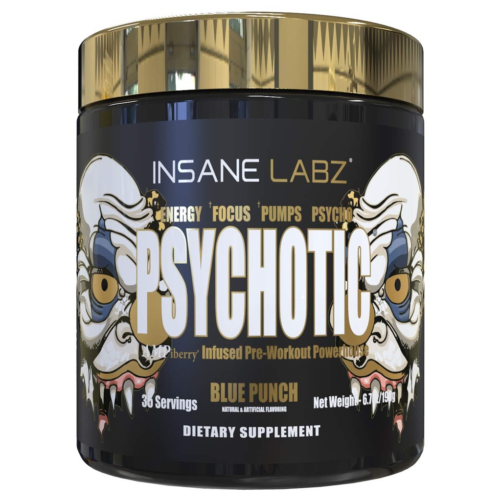 Insane Labz Psychotic Gold, High Stimulant Pre Workout Powder, Extreme Lasting Energy Focus, Pompe și Endurance cu Beta Alanine, DMAE Bitartrate, NO Booster (35 Servings, Blue Punch)