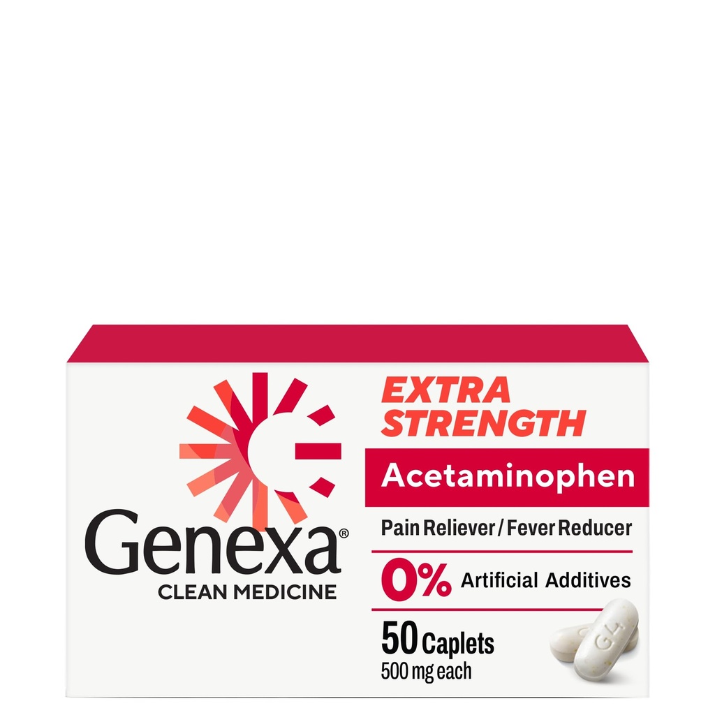 Genexa Clean Acetaminofen 500mg Extra Putere, Dye Free Pain Reliever Reductor Fever, 0% Aditivi artificiali, Pain Medicine pentru adulți, Relieves Dureri de cap, Backage, Minor Artrite Pain, 50 comprimate