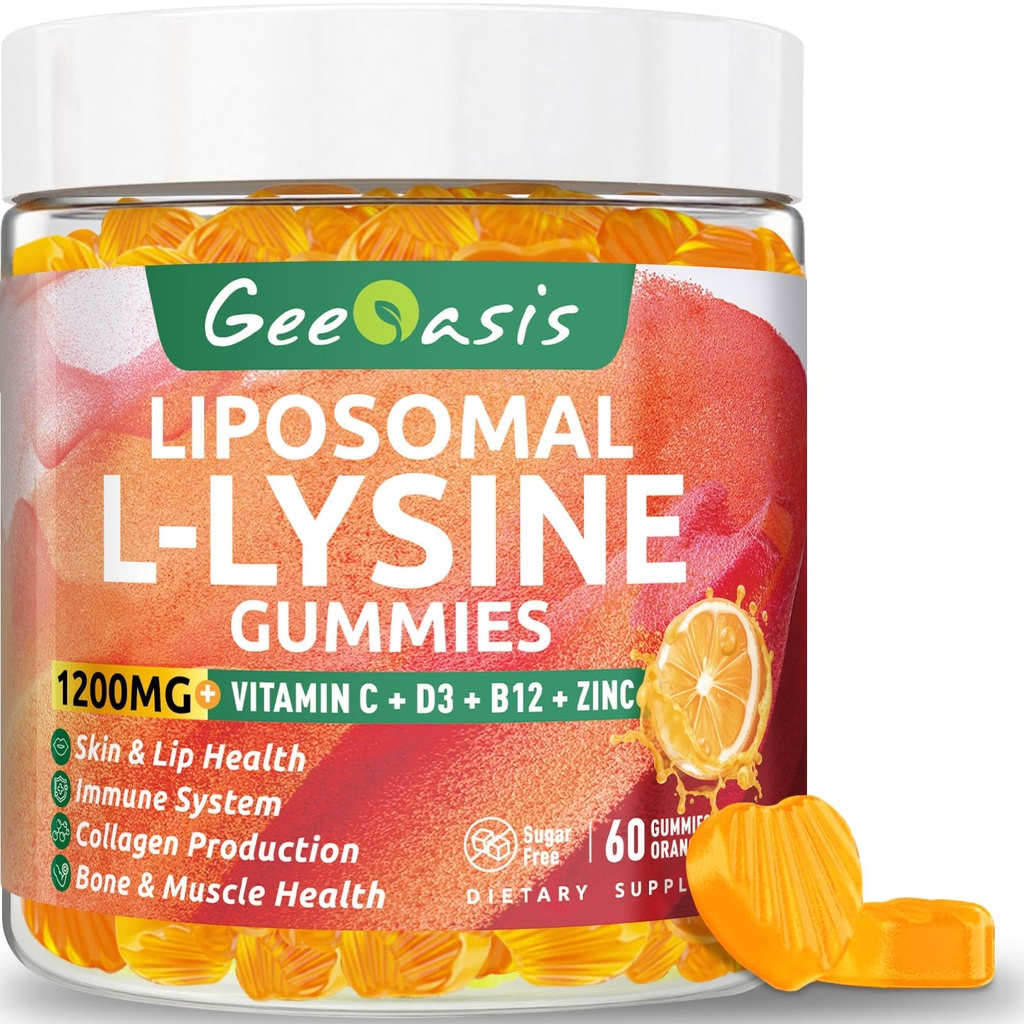 Liposomal L-lysine Gummies 1200mg, Lysine Chewable Supliment cu vitamina C, D3, B12 & Zinc pentru adulți și copii, Imun & Colagen Support, Lips & Skin Health, Vegan, Aroma de fructe naturale, 60CT