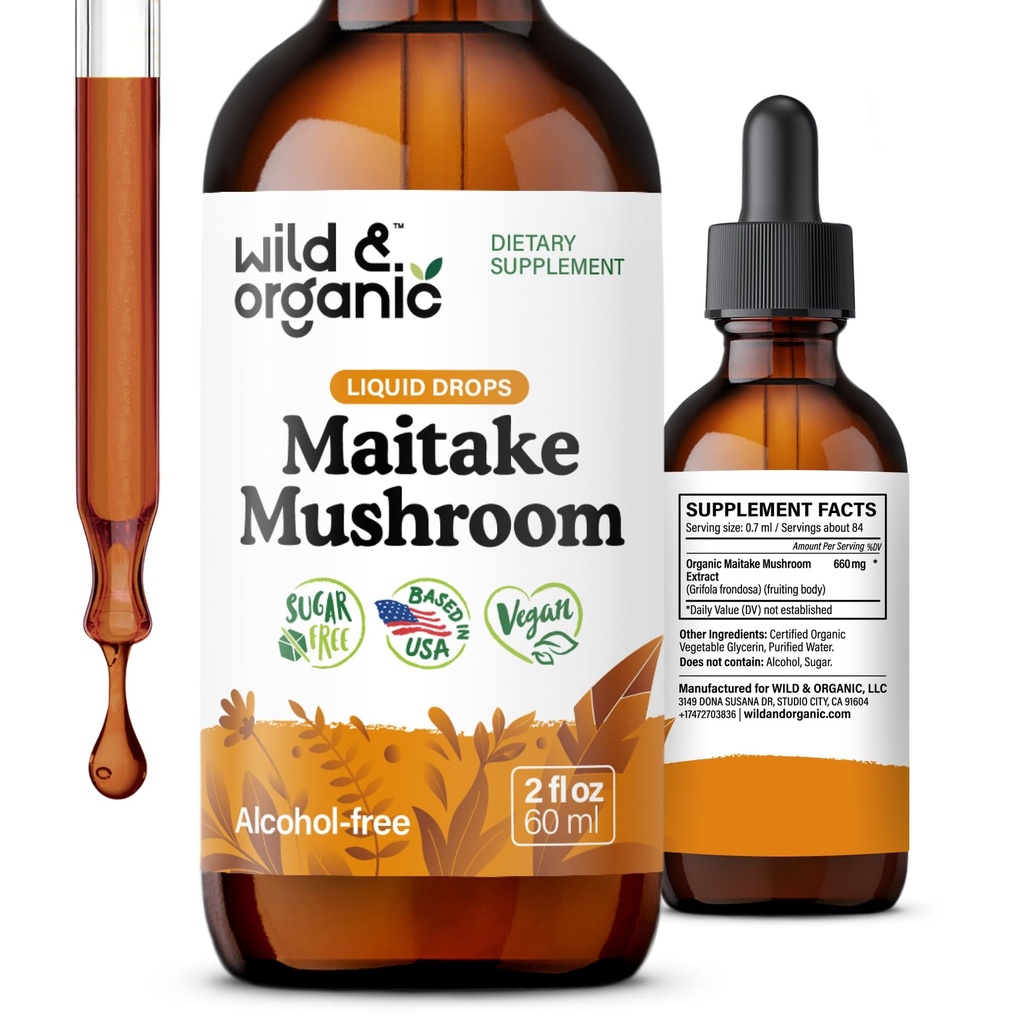 Maitake picături de ciuperci sălbatice și organice - supliment de ciuperci lichide pentru suport imunitar - Extract de maitake tinctură - Vegan, zahăr și alcool-free - 2 fl oz