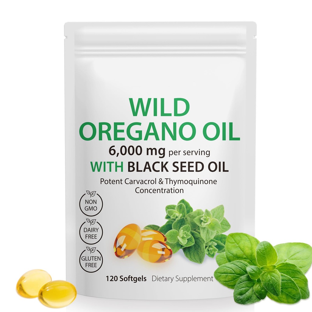 Ulei de Oregano Softgels - ulei Oregano sălbatic 6,000 mg cu ulei de semințe negru capsule de 200 mg, 120 Conte, Carvacrol potent & Thymochinonă, non-GMO, lactate gratuit, gluten gratuit