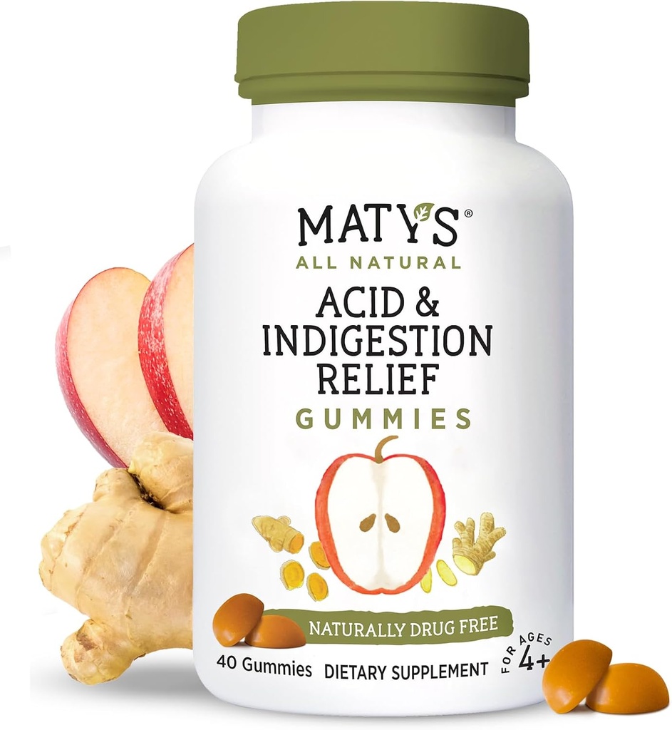 Matys Acid & Indigestie Relief Gumries, Antiacid sigur pentru acid occazional Reflux și arsuri la adulți și copii 4 ani +, Zahăr scăzut, Gluten gratuit, Guma Vegan Made with Apple Cidru Vinegar, 40 conta