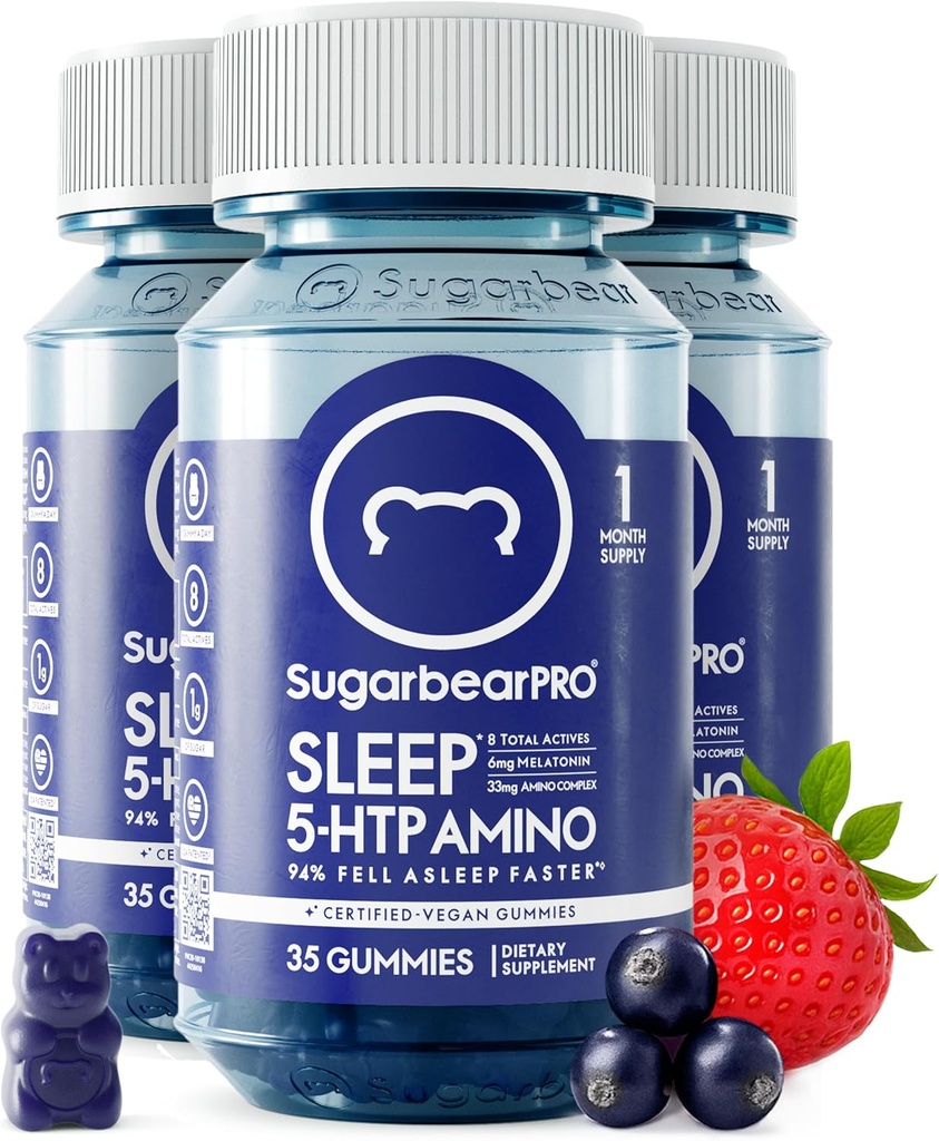 Sugarbear Sleep Gummy 3 Luna de aprovizionare, Extra Putere Melatonina 6mg, pentru bărbați și femei, Vitamina Vegan B6, L-Theanin, 5 HTP, Valerian, Ajutor de somn pentru adulți și adolescenți, Certified Kosher, Halal, Cruzime-Free