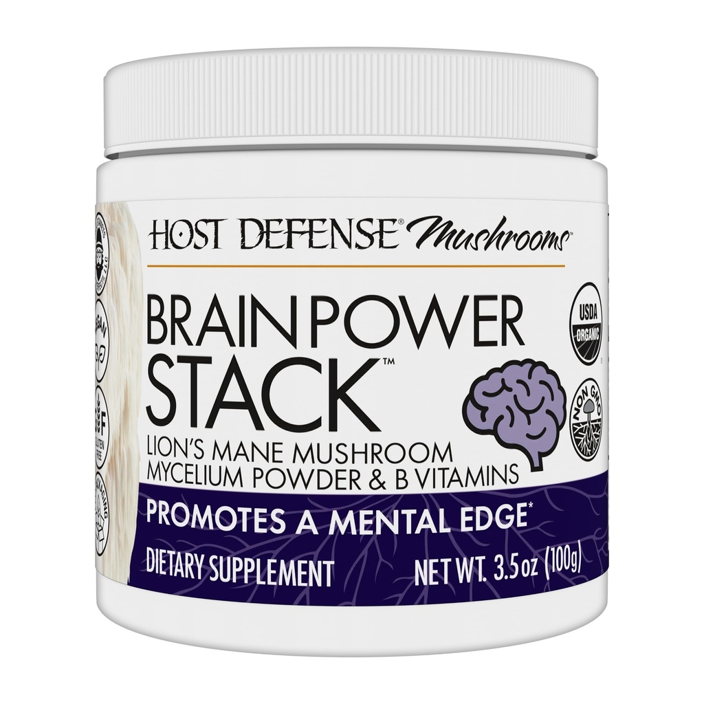 Hoste Defense BrainPower Stack Powder - Tintat Brain Supplement - Powder Mushroom Supplement with Lion's Mane, Niacin (B3) & Vitamina B12 - Herbal Brain Support - 100g (66 Servings)