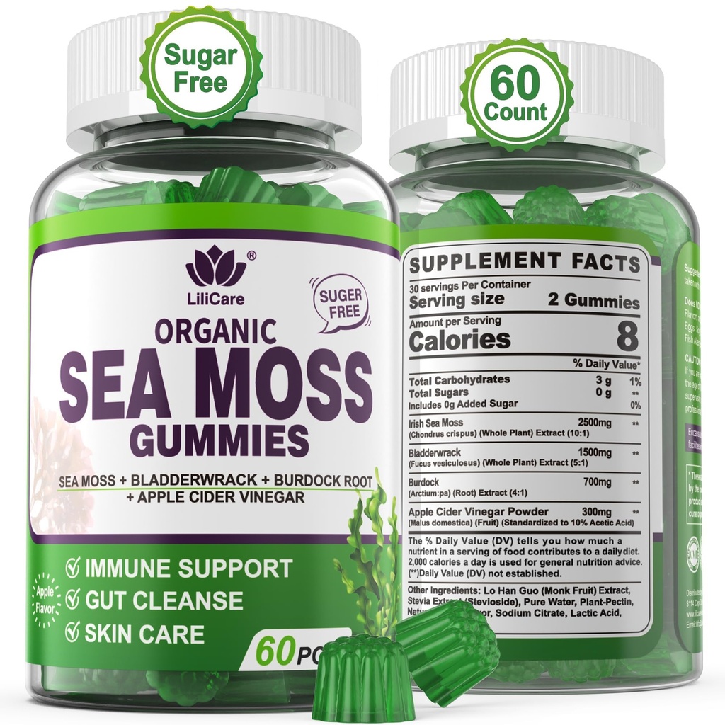 Sea Moss Gummies - Irish Sea Moss Gummies pentru adulți și copii - Advanced Superfood Seamoss Supliment cu Organic Bladderwrack & Bredock Root Extract,ACV pentru Daily Immune, Gut Cleanse, Vegan, 60 Counts