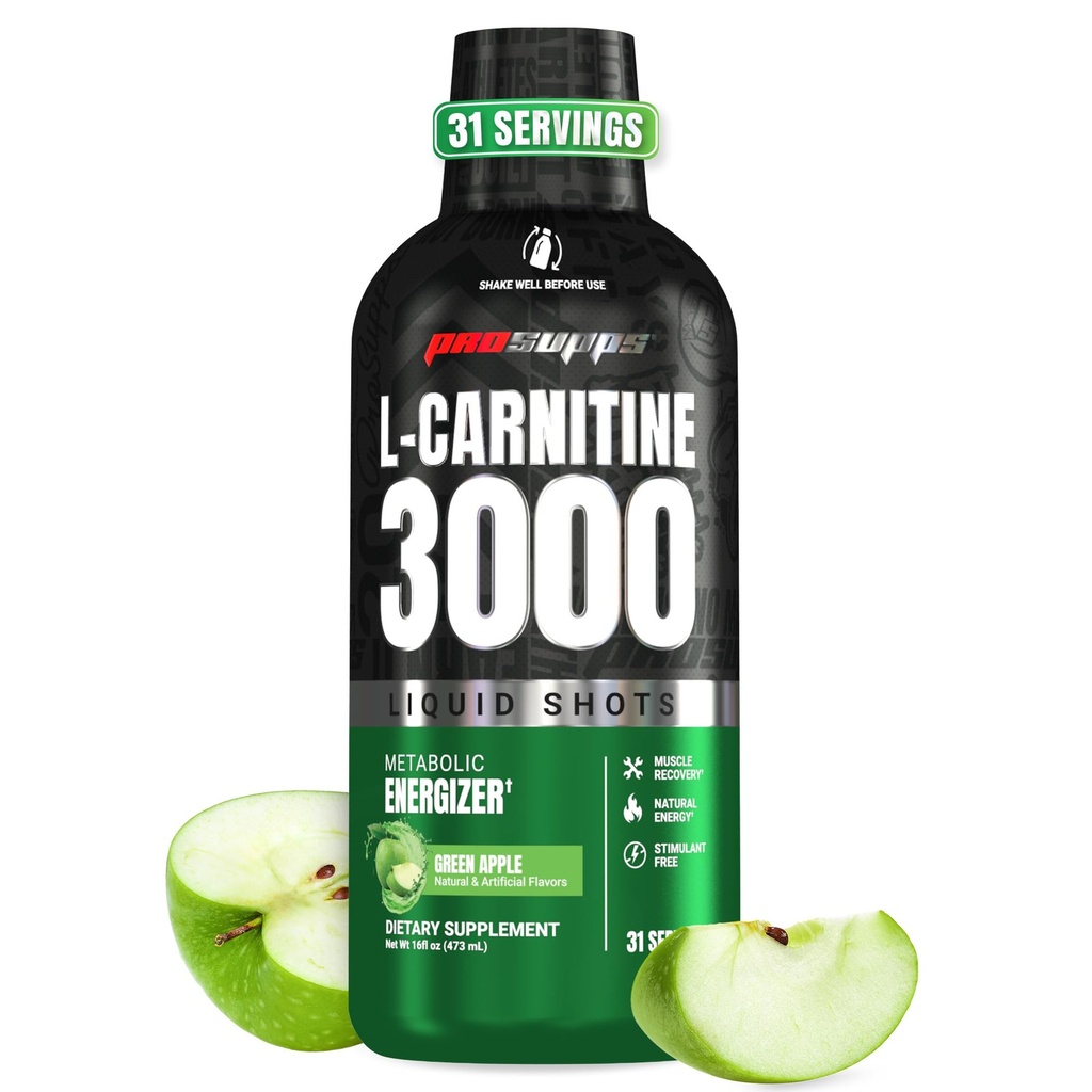 PROSUPPS L-Carnitina Liquid 3000, Stimulant-Free Liquid Shots pentru bărbați și femei - Curat de antrenament băutură pentru energie, performanță și recuperare musculară - Fără zahăr, fără carbohidrați - 31 Serviri, Green Apple