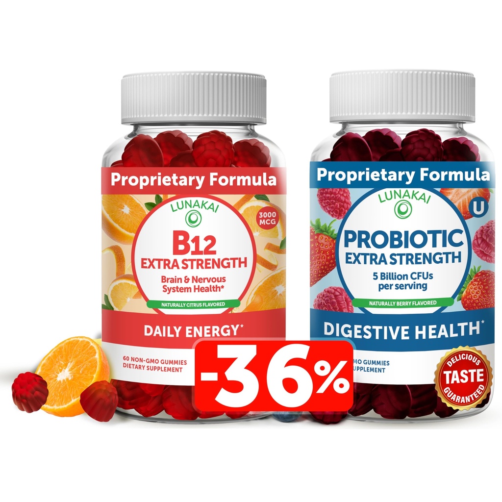 Lunakai Vitamina B12 și Gume Probiotice Bundle - 3000 mcg Gummy pentru adulți Suport energetic și sănătatea osoasă - 5 miliarde CFU per servire pentru Digestive Gut Health cu vitamina C pentru femei și bărbați