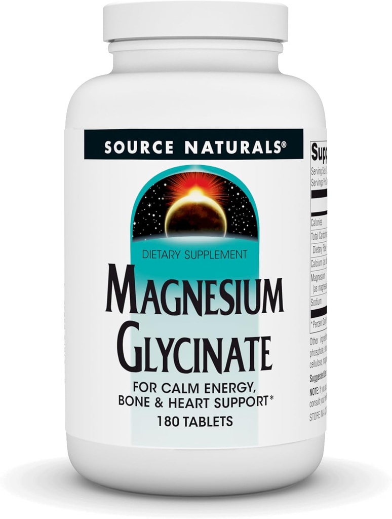 Source Naturals Magnesium Glycinate, Chelated for high Absorption | for Calm Energy, Bone & Heart Support*, 200 mg per Serving - 180 Tablets