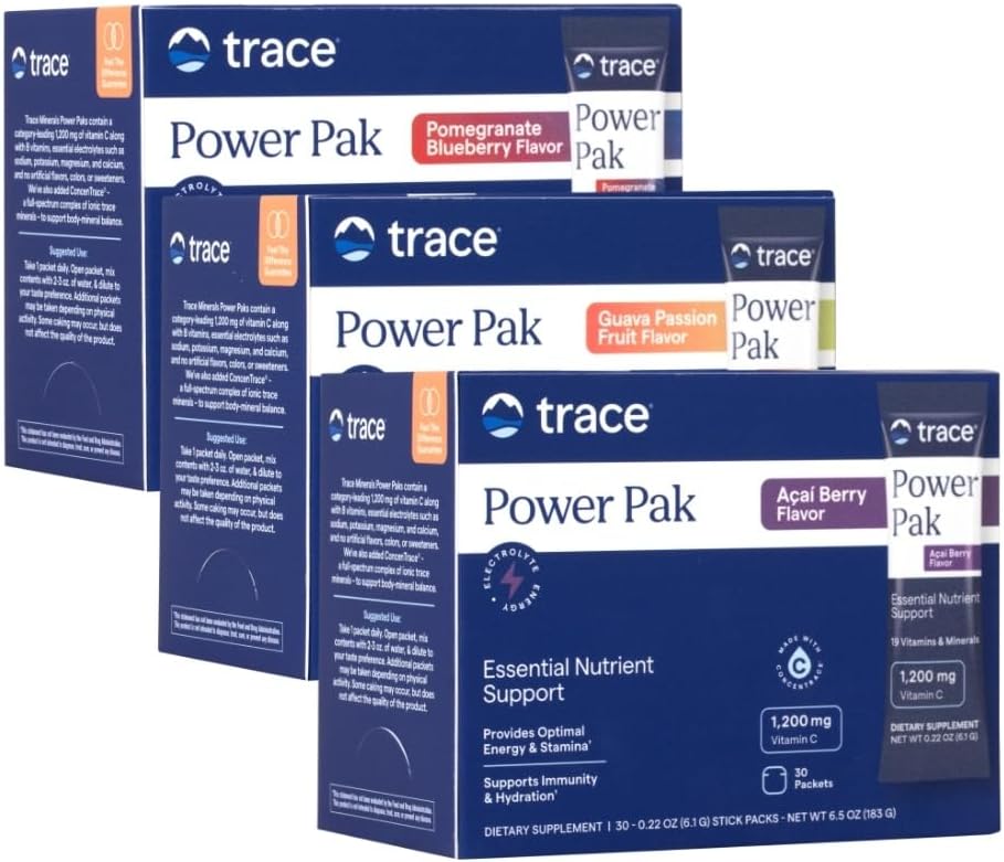 Trace Minerale Putere Pak Multivitamine si Pachete Multiminerale - Suport Electrolit - 1200 mg Vitamina C Plus 70 Acai Berry, Afine si Varietate Guava - 90 Pachete