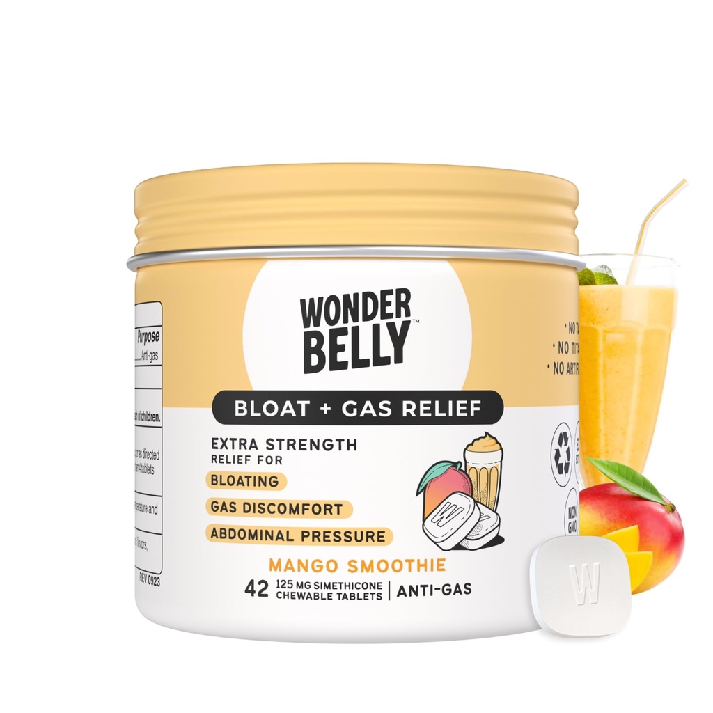 Wonderbelly Bloat + Gas Relief, Extra Force Chewable Tablets, cu 125 mg Simethicone, No Talc sau Dye, Mango Smoothie, 42 Count